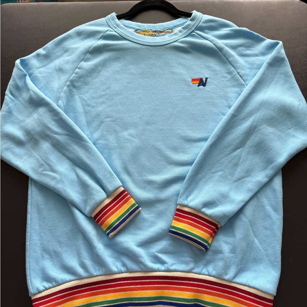 Aviator Nation Light Blue Crewneck with Rainbow Stripes